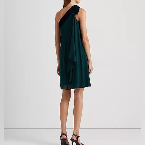 RALPH LAUREN Womens Chiffon One-Shoulder Cocktail Dress Green Chiffon Velvet NWT - Picture 2 of 10
